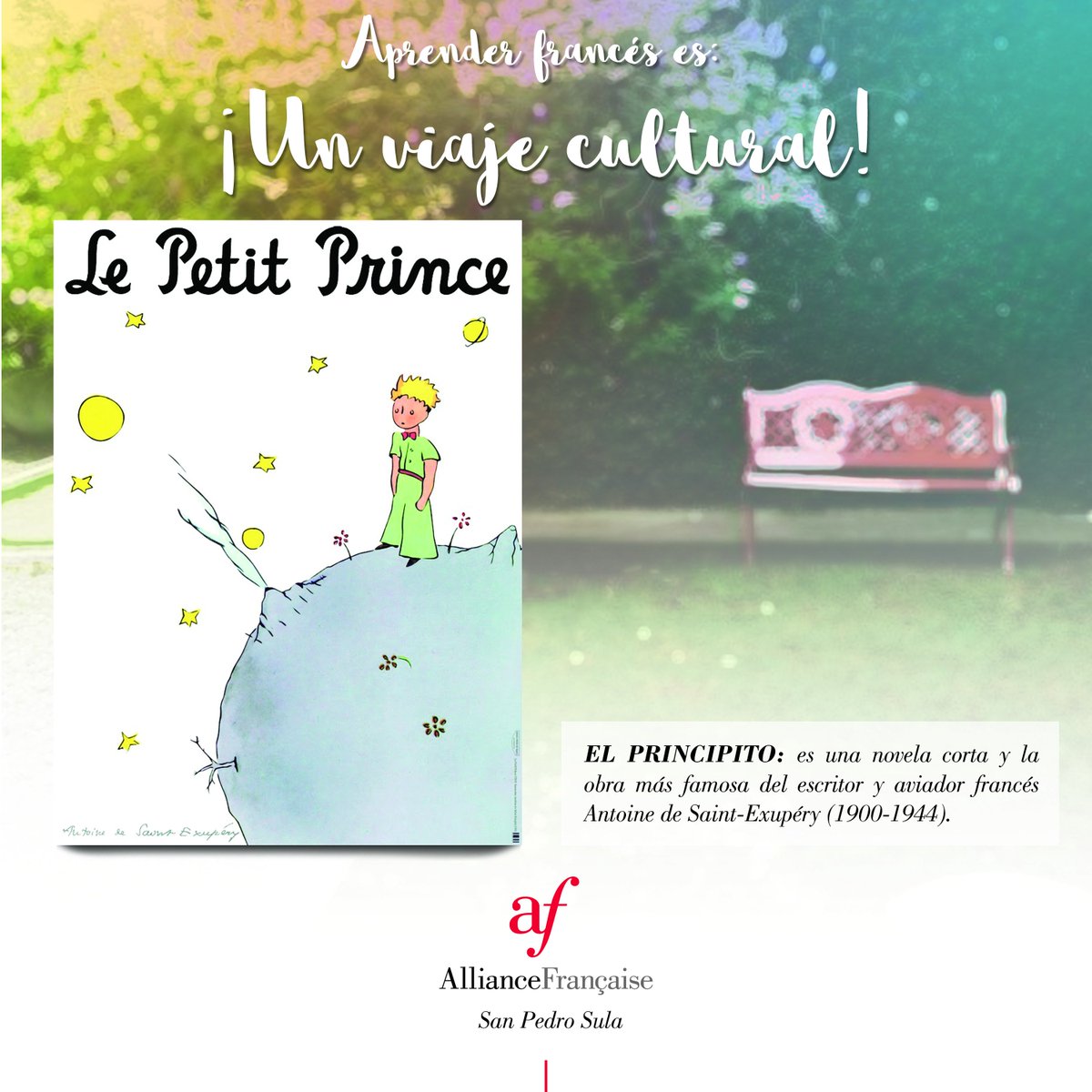 AFSPSHN's tweet photo. APRENDER FRANCÉS ES:
¡UN VIAJE CULTURAL!

Incluido entre los mejores libros del siglo XX en Francia, El principito se ha convertido en el libro escrito en francés más leído y más traducido. 

#PLUSFRANCAIS #PLUSCULTURE #AFSPS
#sanpedrosula #honduras #elprincipito #cultura https://t.co/Qrj0nL3r1D