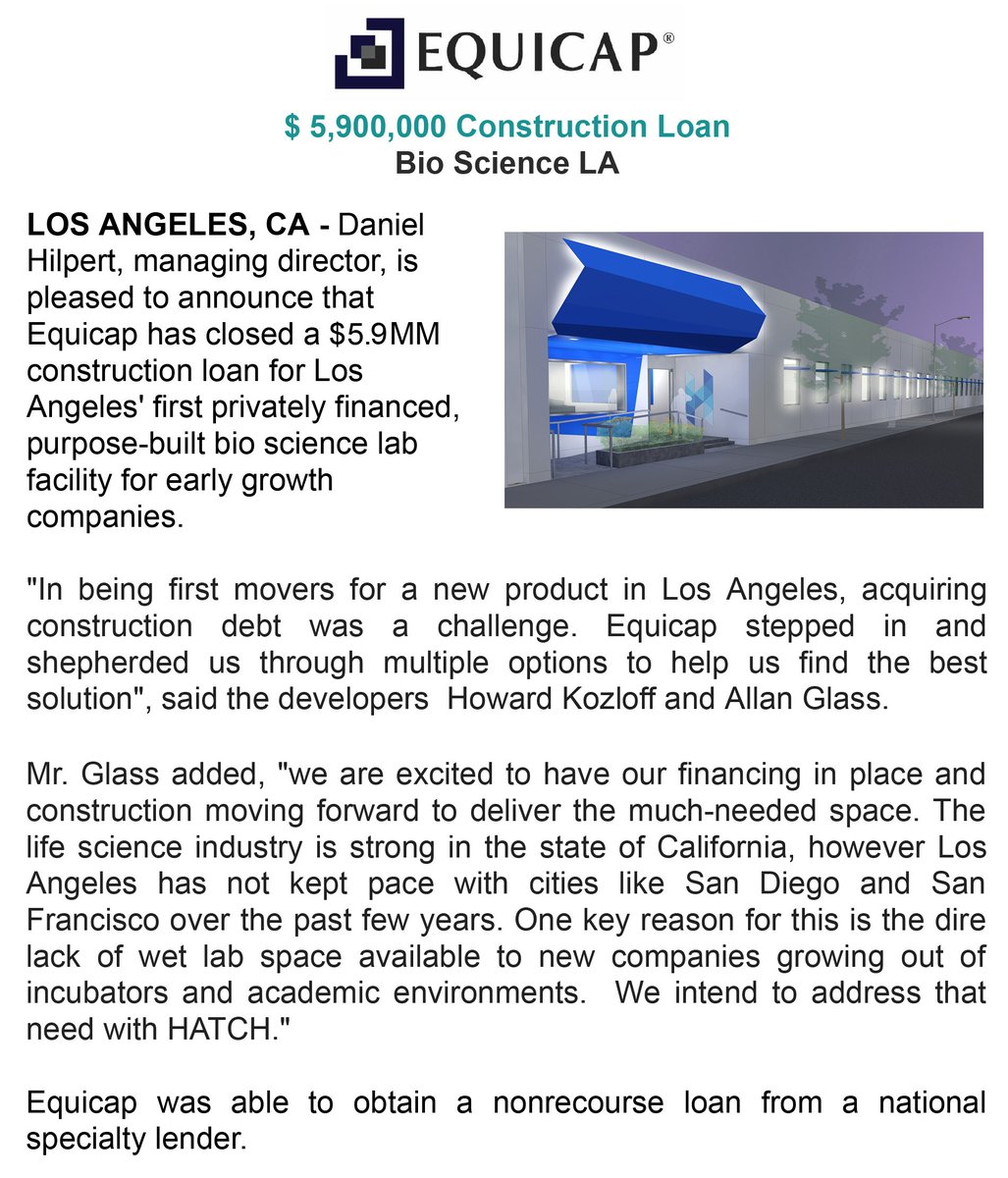 AgoraPartners's tweet photo. Thanks @Equicap for @HATCHspaces financing. #bioscience #LA #cre https://t.co/oQWvqygCKP