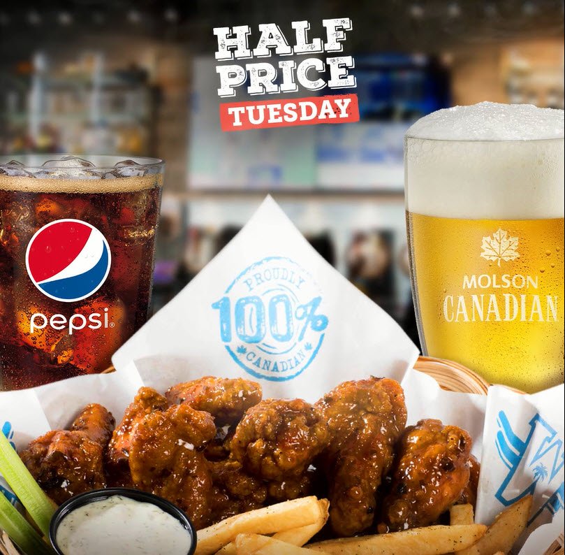 Tuesdays are wild around here. Get an order of 100% Canadian wings 50% off. 
*With the purchase of any beverage. At participating locations. Dine-in only. 1290-2830 cals.
Which One Of Our 101 Flavours Will You Choose? Find Your New Fav Here: ow.ly/DEnU30i3S0b