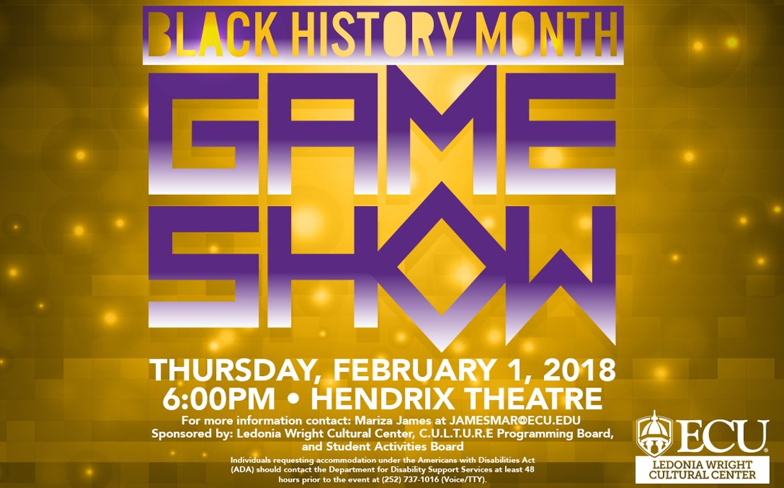 ECU_SAB's tweet photo. Come out to BLACK HISTORY MONTH GAME SHOW!! We are excited for this event and can't wait to see ya #ecusab https://t.co/z69obPfNFx
