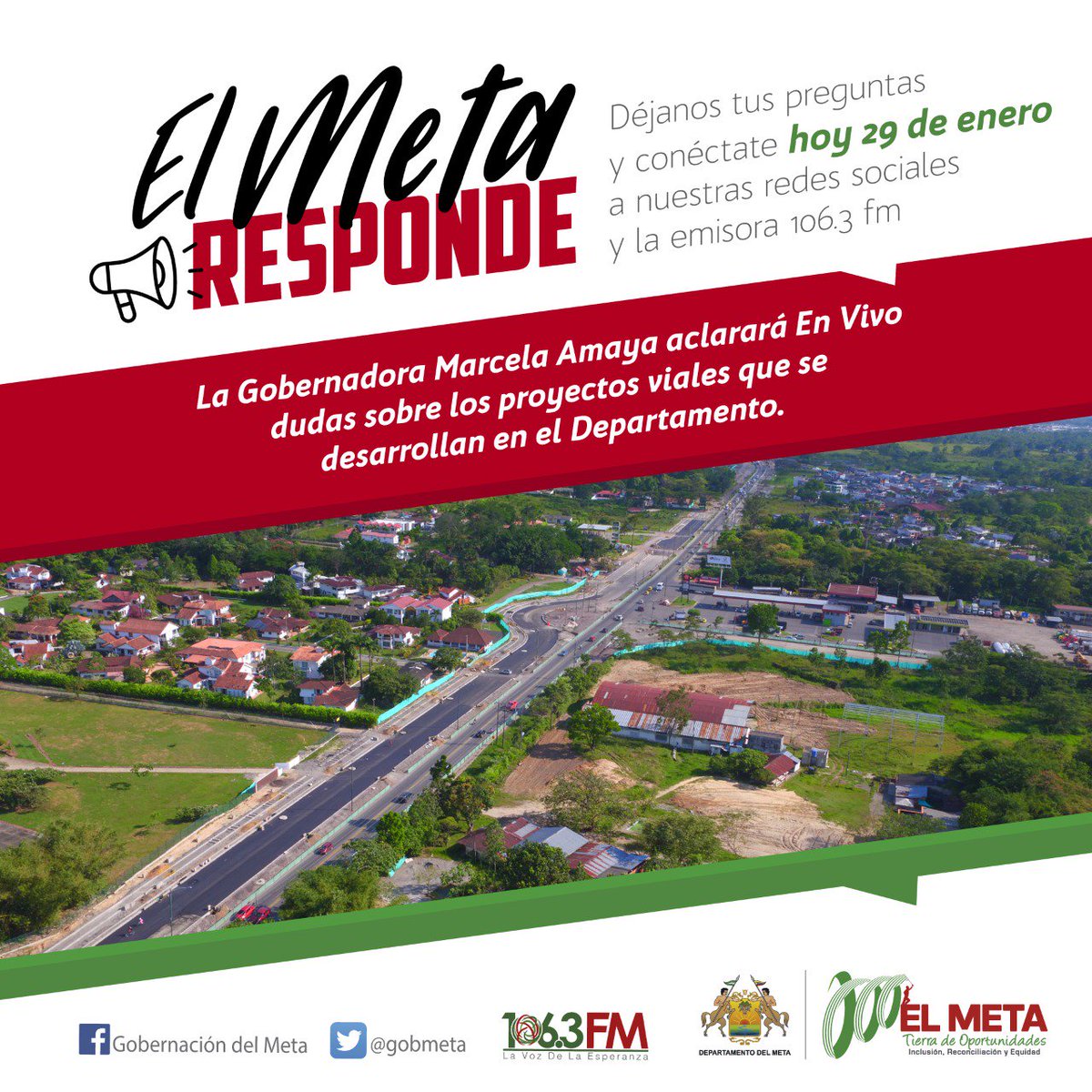 GobMeta's tweet photo. Hoy a las 7 pm nuestra Gobernadora del Meta, @marcela_amayag, estará atenta a cualquier inquietud respecto a los proyectos de infraestructura vial que se vienen desarrollando. Acompáñenos, a través de nuestra emisora @1063gobmeta y redes sociales. #ElMetaResponde https://t.co/y4tKEgj3ir