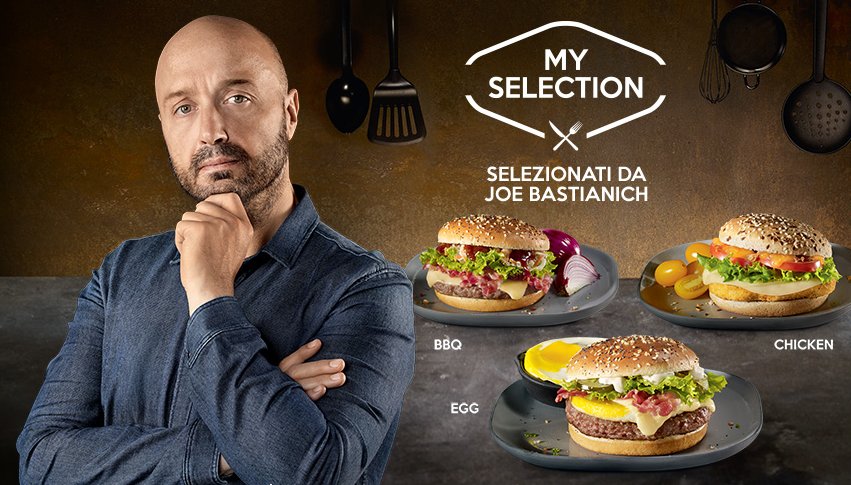 McDonald's Italy promotes two new burgers (one BBQ; one egg-topped) and a new chicken sandwich as "selected by" American restaurateur &amp; Mario Batali partner Joe Bastianich.