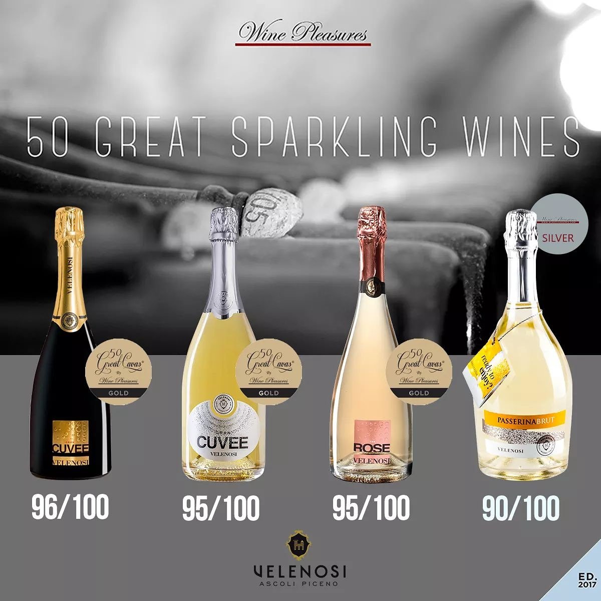 Our sparkling wines conquer everyone! Here it is the Fantastic 4 awarded by Wine Pleasures in '50 Great Sparkling Wines of the World' #sparkling #Awards #velenosivini