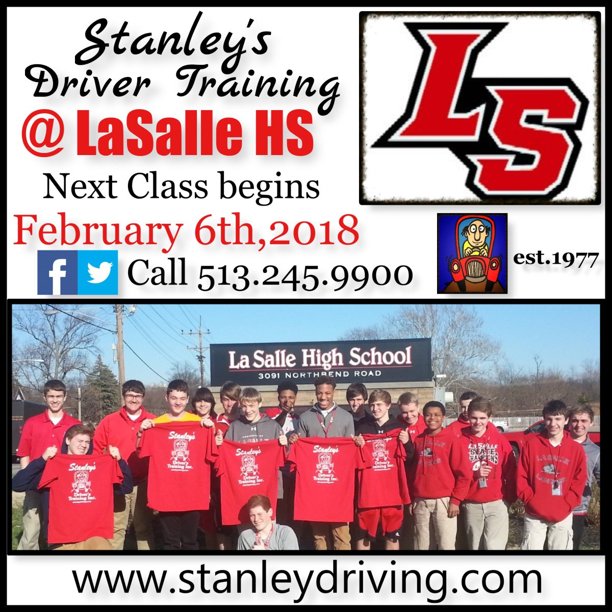 Attn <a href="/LaSallePride/">La Salle High School</a>!! Mr. Male will be back for another drivers ed session beginning next Tuesday February 6th after school in Rm 107. Call 513.245.9900 or visit stanleydriving.com to register. Class is filling up so call now and snag a seat!! <a href="/LS_LancerFB/">La Salle Football</a> <a href="/LaSalleRedArmy/">La Salle Red Army</a>