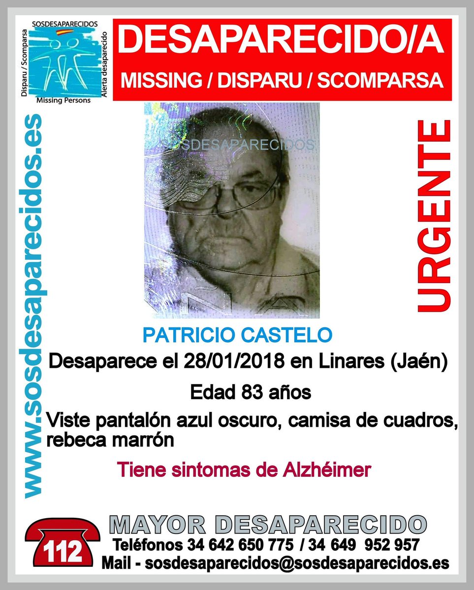 guardiacivil's tweet photo. 🆘#MuyUrgente⚠

¿Has visto a Patricio?

Es un #mayor que padece #Alzheimer y ha #desaparecido en Linares #Jaén
Si puedes ayudar
📞062
📞112
Tu RT es muy importante https://t.co/nzms2RAbF8