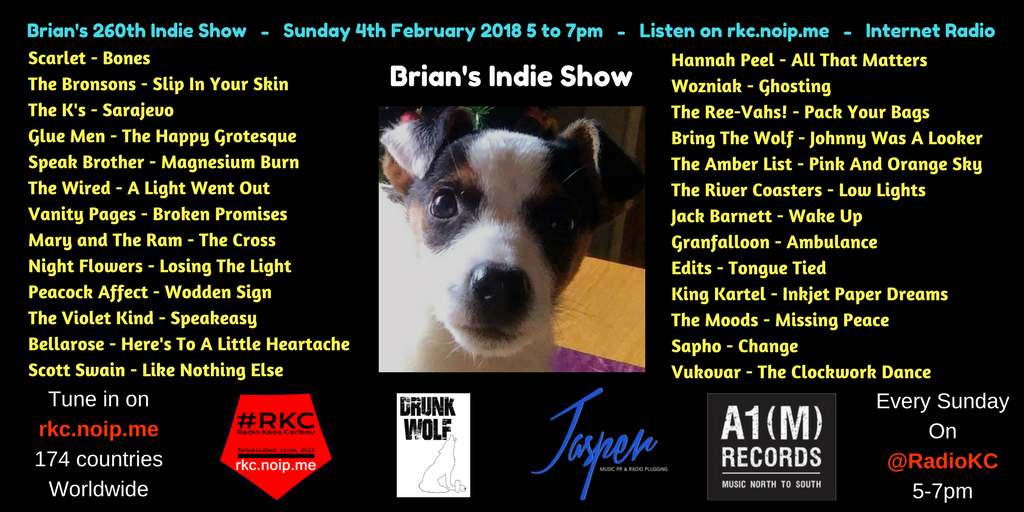 fruitbatwalton's tweet photo. Brian's Indie Show - Sunday 4th February on @RadioKC 5-7pm GMT

Playing in 174 countries worldwide via 2 satellites

Playlist inc:

@peacockaffect 
@thevioletkind 
@bellaroseband 
@scottswainmusic 
@Hanpeel 
@band_wozniak 
@thereevahs 
@bring_the_wolf 
@TheAmberList https://t.co/gWo3KhotyQ