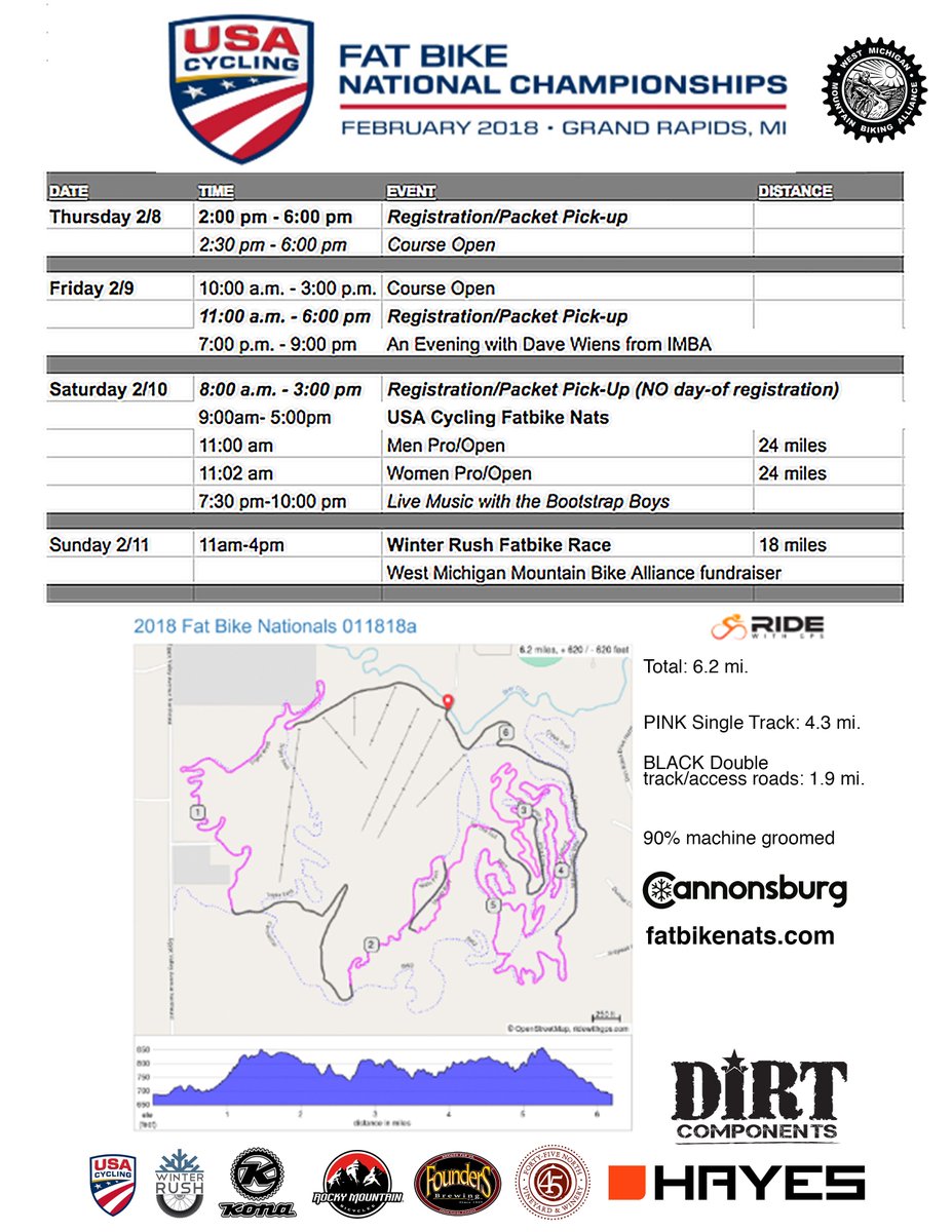 Here is the schedule for the weekend of the 2018 <a href="/usacycling/">USA Cycling</a> Fatbike Nationals!

Spreadsheet: bit.ly/2BAV8s9
.
.
.
.
#USACycling #FatBikeNats #WinterRush #GrandRapids #FatBikeGR