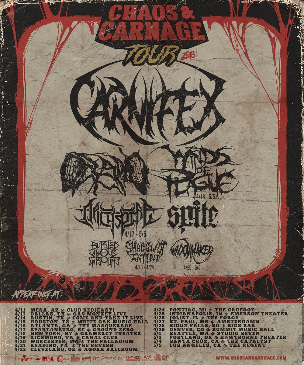 We are proud to announce we are headlining the first ever #ChaosAndCarnage Tour with Oceano, Winds of Plague, Archspire, Spite, Buried Above Ground, Shadow Of Intent and Widowmaker. 

VIP tix on sale tomorrow, GA tix on sale Friday! 
Full details at chaosandcarnage.com