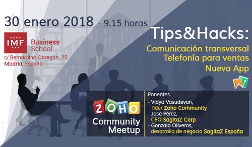 sagitaz_es's tweet image. Apúntate al #Meetup Martes 30 en Madrid: Comunicación transversal. Telefonía para ventas y la presentación de Nueva App de #Zoho Reserva tu plaza en zurl.co/DRKdx Aumenta tus ventas utilizando #CRM #Desk #Recruit y #telefonía