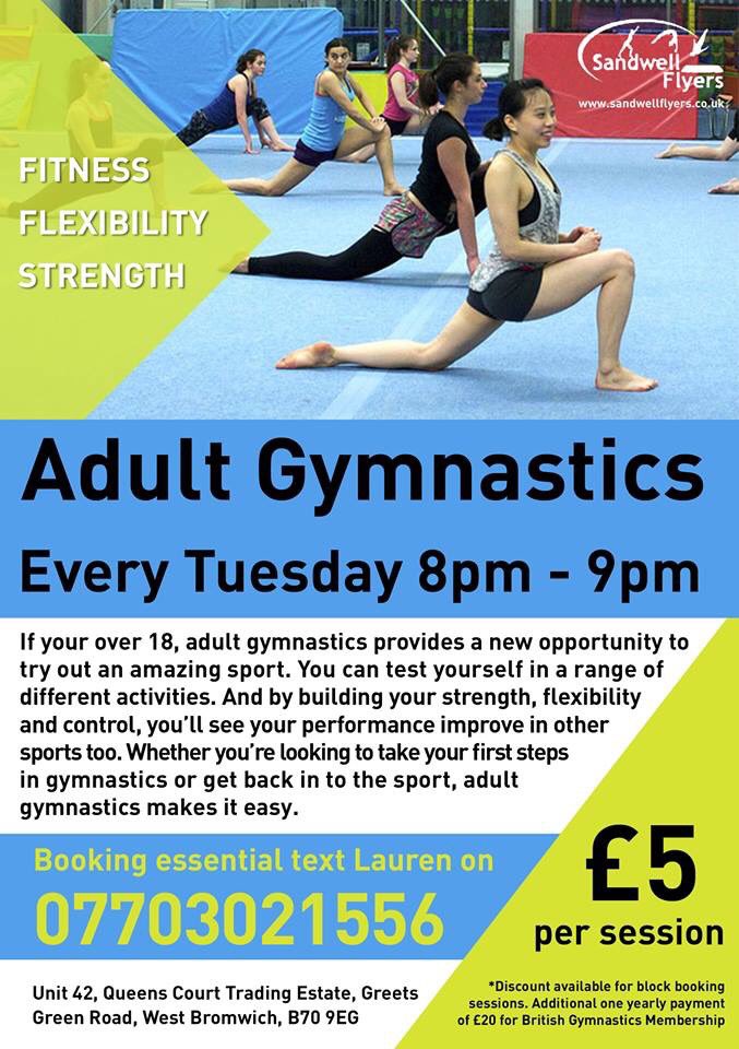 Sandwellflyers's tweet photo. Adult gymnastics fitness class tomorrow in #westbromwich booking essential text Lauren 07703021556! #adultgynnastics #fitness #gymnastics #britishgymnastics #joinus https://t.co/dQMf2va7V6