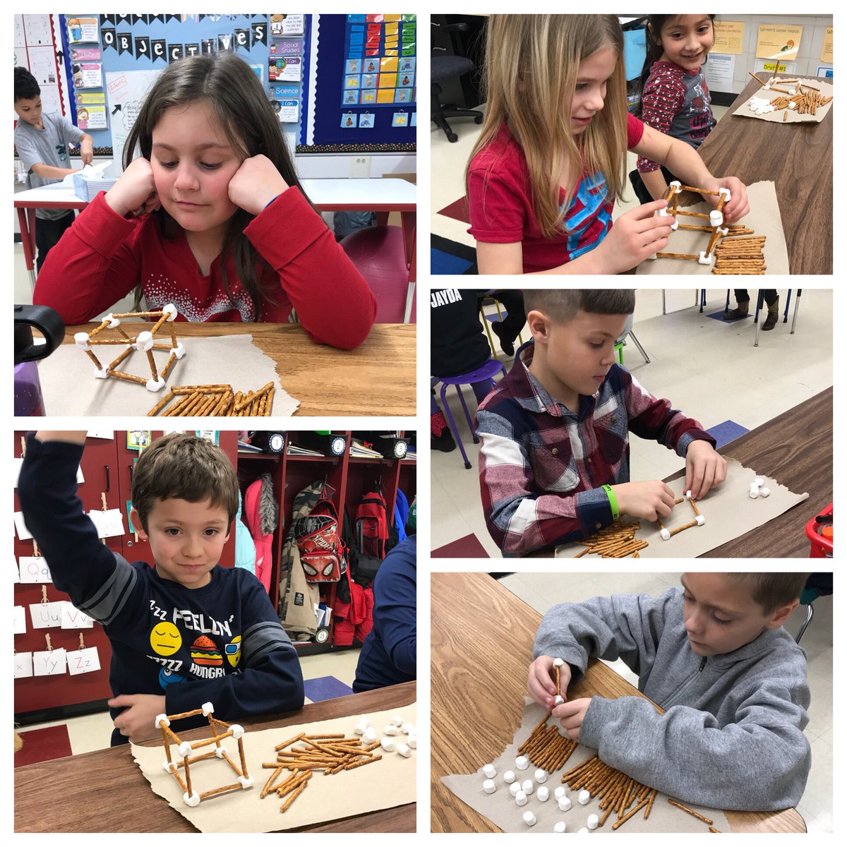 Making 2D and 3D shapes with pretzels and marshmallows in Menzie's class