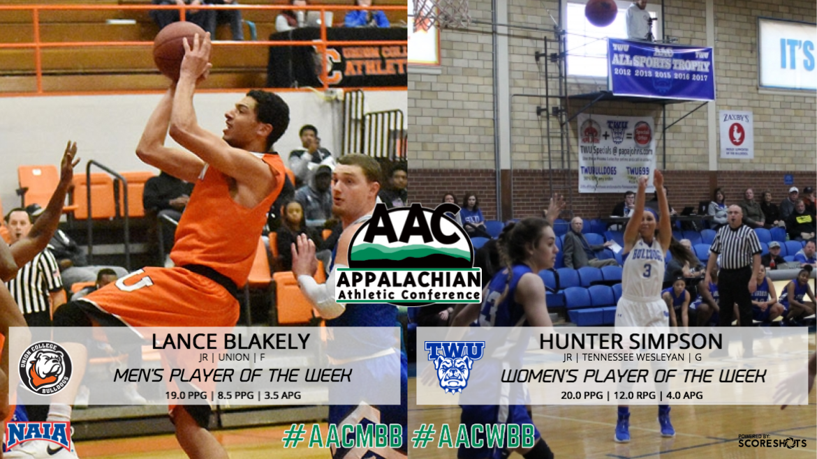 AACsports's tweet photo. Lance Blakely of @UnionBulldogs earns his first #AACMBB Player of the Week honor this season, while Hunter Simpson of @twbulldogs collects her fourth #AACWBB weekly award this year - https://t.co/mHb60tIVV2 https://t.co/QfM0Vf2l3C