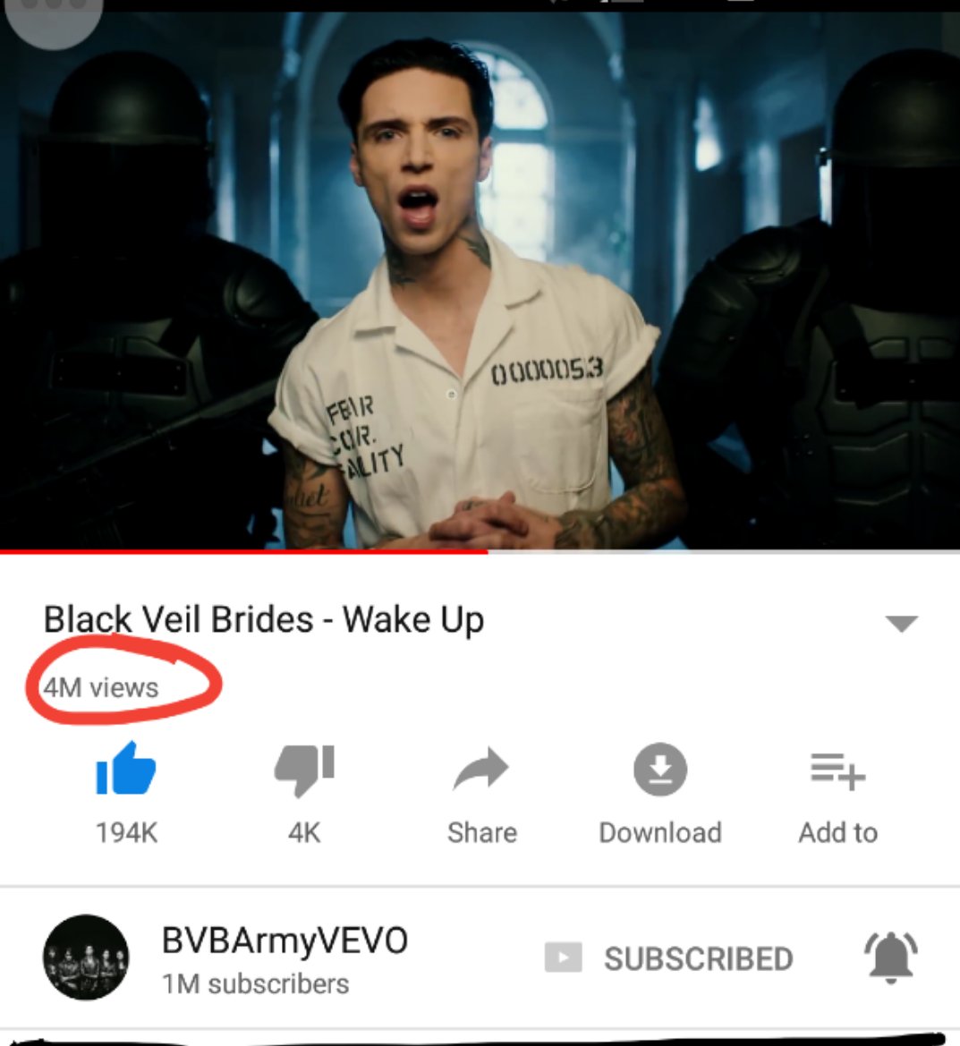 thekilljoybrina's tweet photo. #bvbarmy as of today we've made it to  4 million views!! But I think we can do better, who thinks we can make it to 5 million by week's end? 
 #wakeupbvb #WakeUp #BlackVeilBrides #BVBVale #bvb #vale #5millionviewsgoal @blackveilbrides https://t.co/27hfZtG0r0