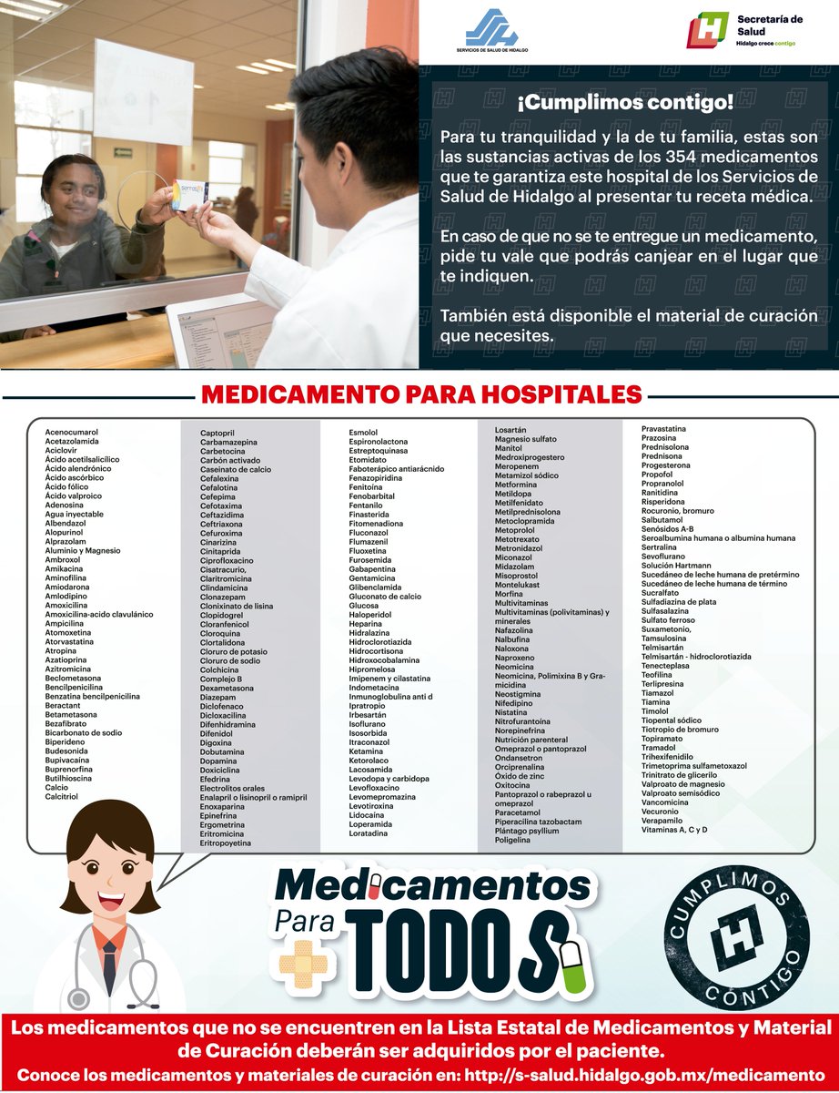 Los invito a consultar el catálogo de medicamentos que ponemos a tu disposición en los hospitales de <a href="/Salud_Hidalgo/">Secretaría de Salud del Estado de Hidalgo</a> en el siguiente micrositio: s-salud.hidalgo.gob.mx/medicamento/ #MedicamentosParaTodos