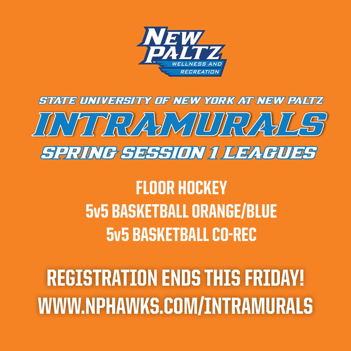 Registration for Intramural Session 1 Leagues ends Friday! Don't forget to register your team or sign up as a free agent! #npwellrec #doitfortheshirt