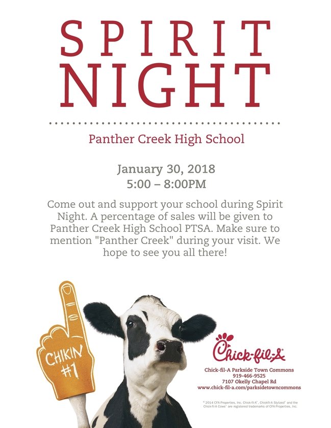 PCHSDiningOut's tweet photo. Catamounts: eat at Parkside Chick-fil-A on TUES JAN 30, 5-8pm! Mention PCHS and a portion of sales will be given to our PTSA. Hope to see u there! https://t.co/ILmhZ0J1k7