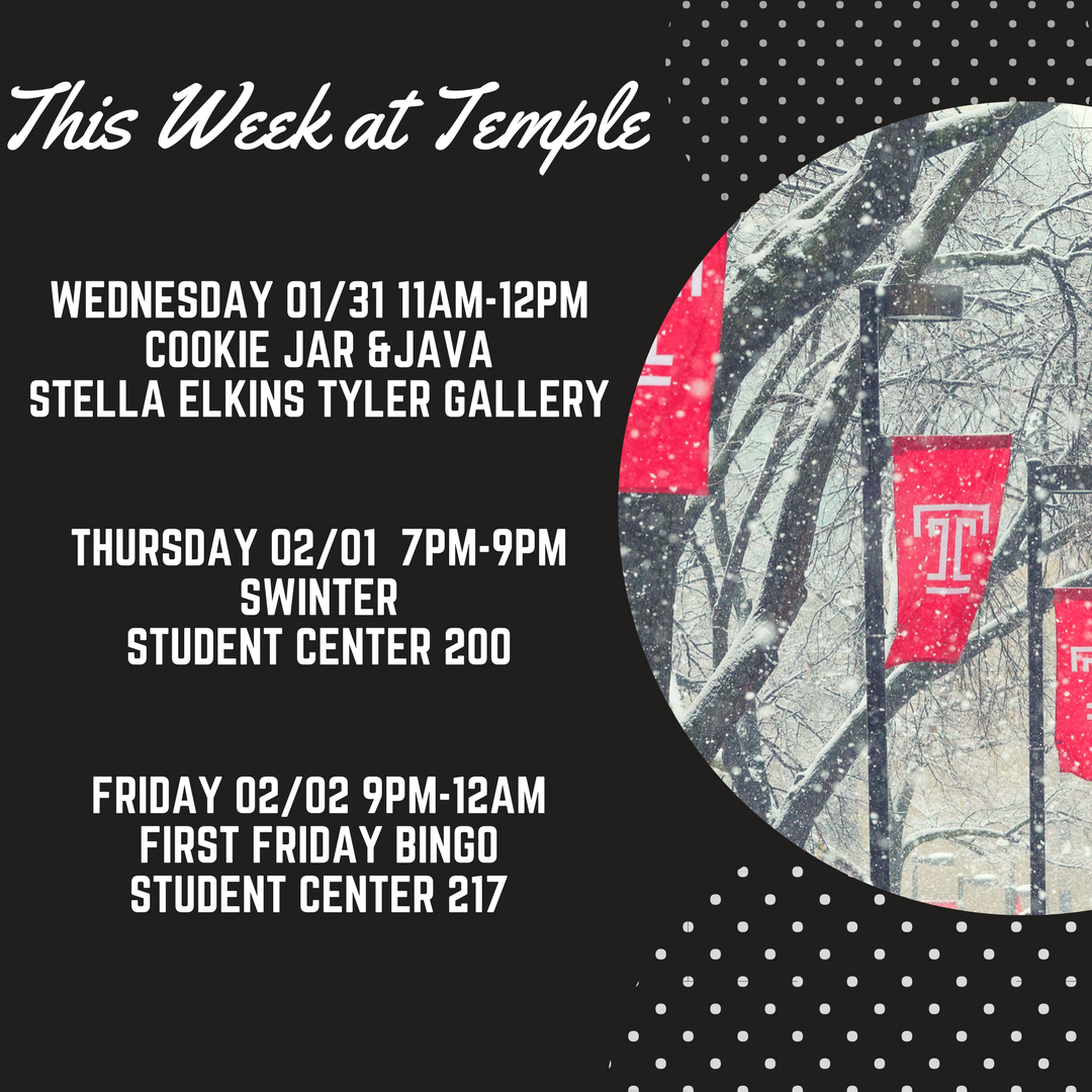 TUJWhite's tweet photo. Happy Monday! Check out some events going on #thisweekattemple #templeuniversity #cherryandwhite #owls https://t.co/Yf2PR5Gtso