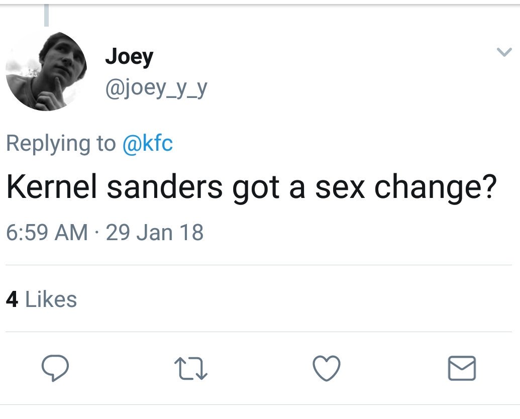 banditref's tweet photo. This may be my favorite upset at a chicken place reply of the day. #KernalSanders #ColonelReba https://t.co/HGpkBYLYT7