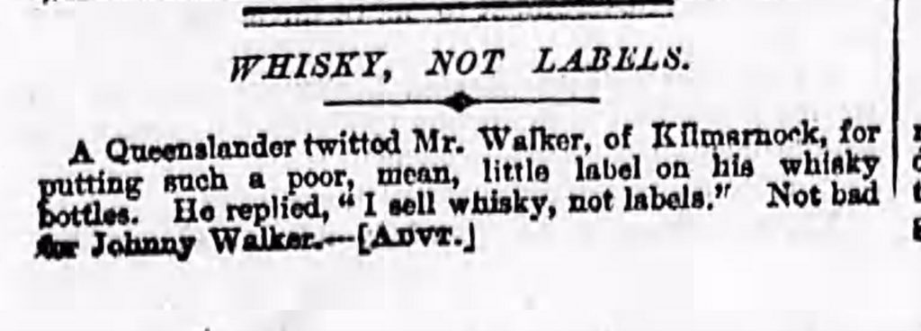 nicholasjmorgan's tweet photo. Is this the first Scotch Whisky Tweet? From the Sydney Morning Herald, 1889 #FirstTweet #twitted #scotchwhisky #johnniewalker #whiskynotlabels https://t.co/cCBI4SP9Uo