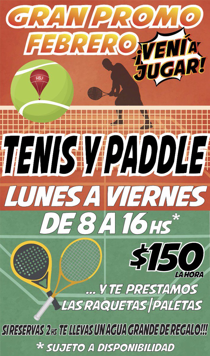 #Tenis y #Paddle en <a href="/HuracanSJ/">HuracanSJ</a> #PromoFebrero 
Lunes a viernes de 08:00 a 16:00 $150 LA HORA!!!
🎾#veni a #Jugar 🎾