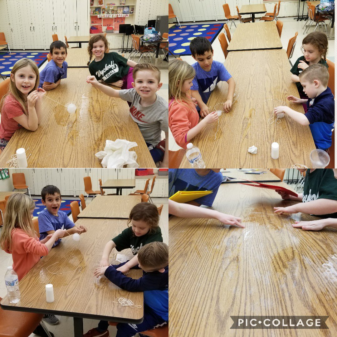 MissCrum's tweet photo. Is ice sticky? First graders experiment with ice, salt, and string. Why did the table turn white after? How can what we learned prepare us for an icy winter day? #Discovery #melting #refreezing #handsonscience https://t.co/3amG0H3vhp