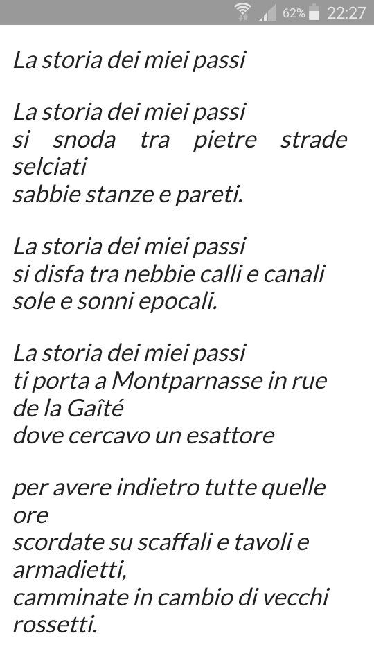 Poesie che raccontano di me.
Poesie che raccontano di tutti.
Grazie alla mia spacciatrice poetica <a href="/Bettibu7/">ElisabettaBucciarelli</a>.
Queste sono parole di <a href="/anna__toscano/">anna toscano</a> ⬇