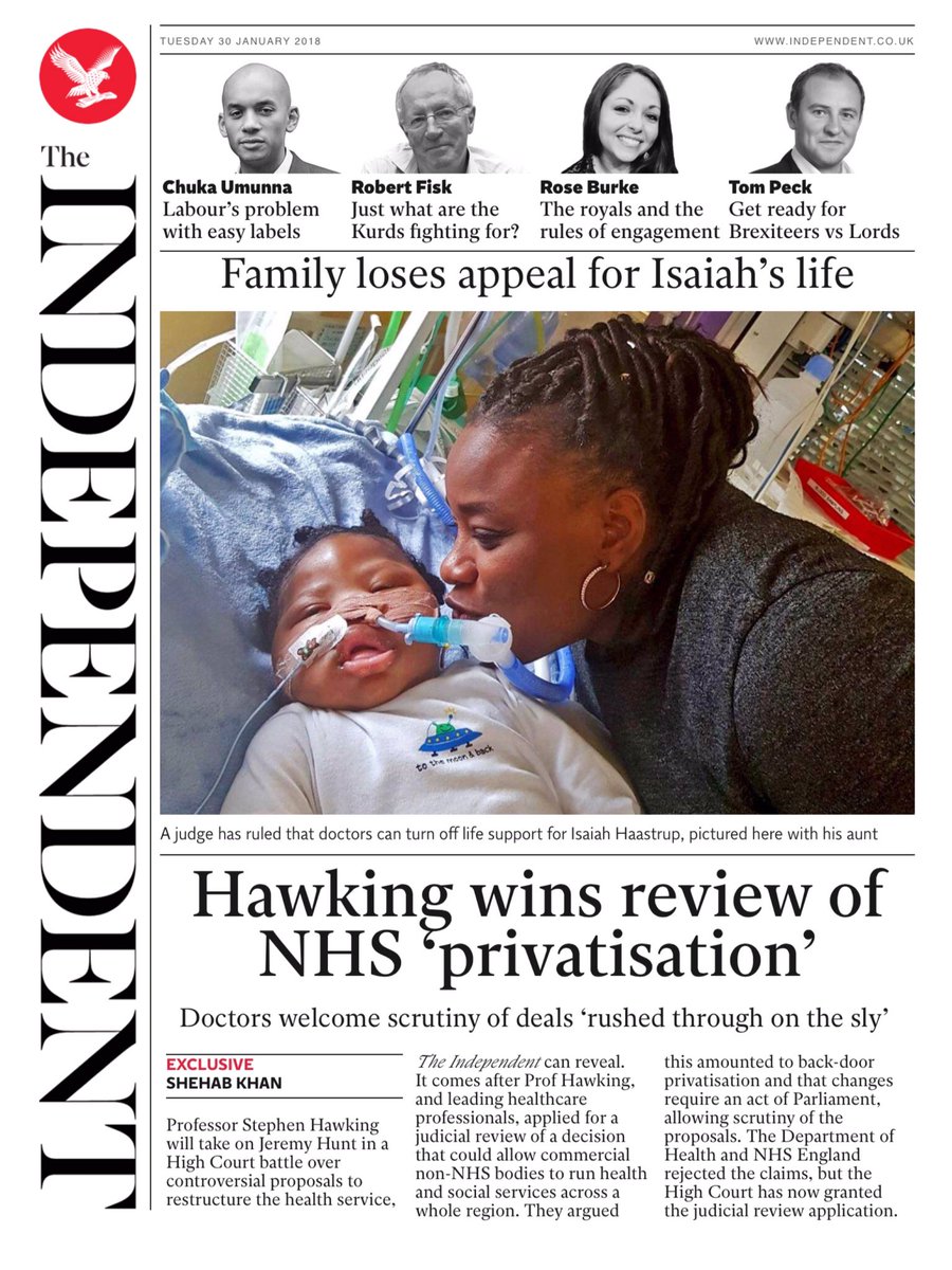 Tuesday's Independent: "Hawking wins review of NHS 'privatisation'" (via @BBCHelenaLee) #tomorrowspaperstoday