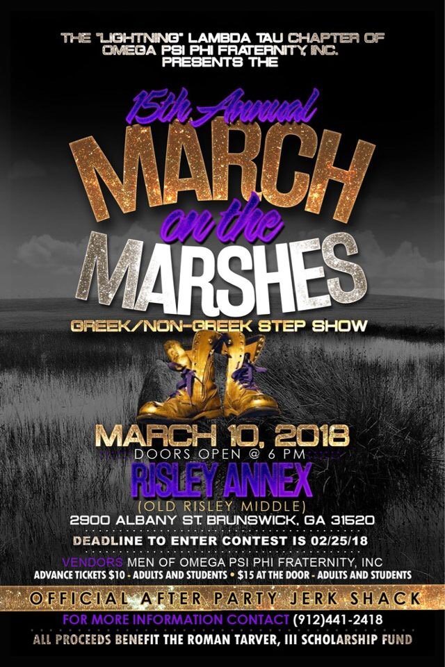 Come out and enjoy the 15th annual #MarchOnTheMarshes #StepShow March 10 in Brunswick GA <a href="/Brunswick_News/">The Brunswick News</a> <a href="/brunswickonline/">Brunswick Georgia</a> #TheBruhz #OmegaPsiPhi #BrunswickQues #GoldenIsles 
facebook.com/events/1710003…