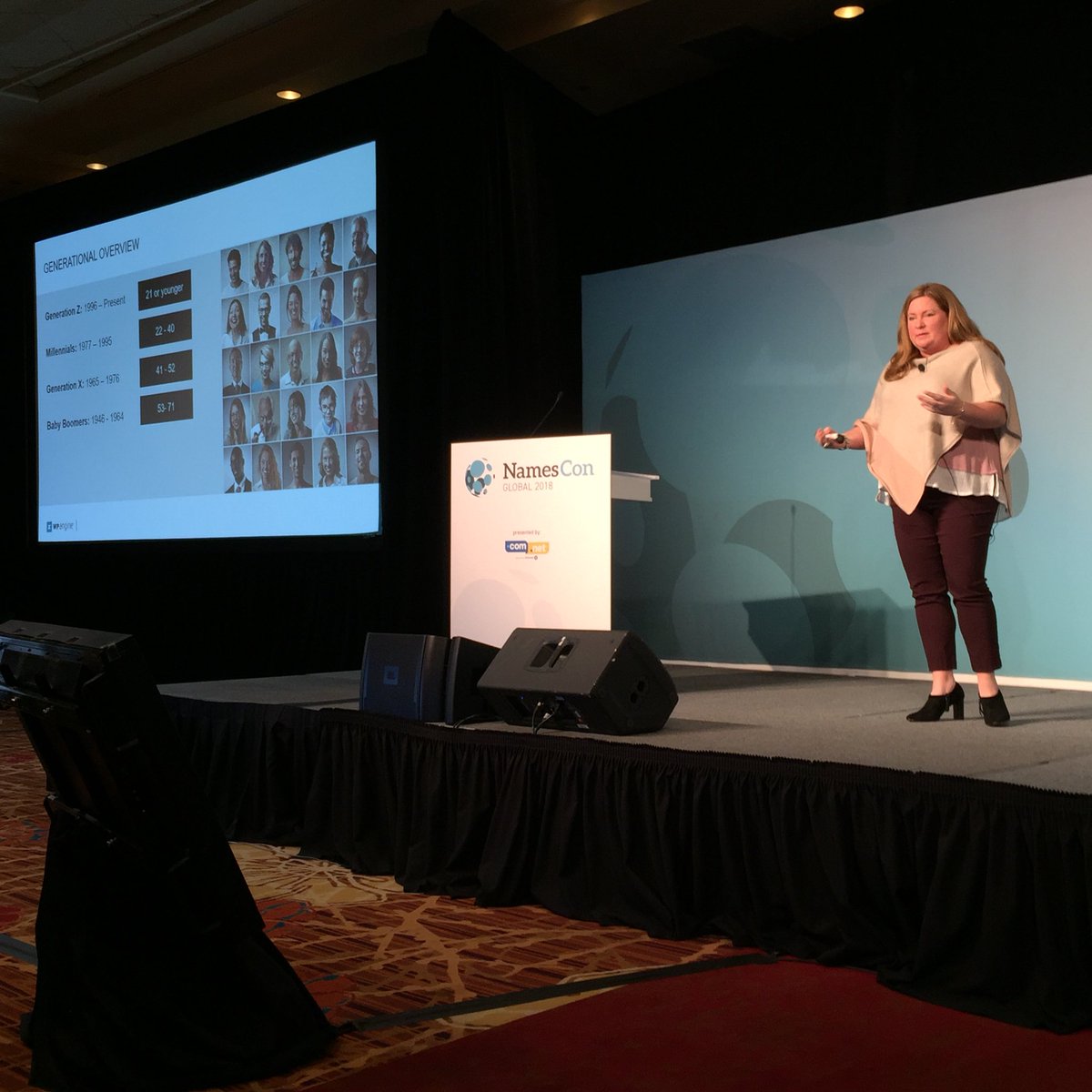 tonefox's tweet photo. Hey #namescon catch @lboxtexas on stage in the .com | .net keynote room. “Ice cream, roller skates, and gen Z.” @wpengine https://t.co/7NMkEVfKb8