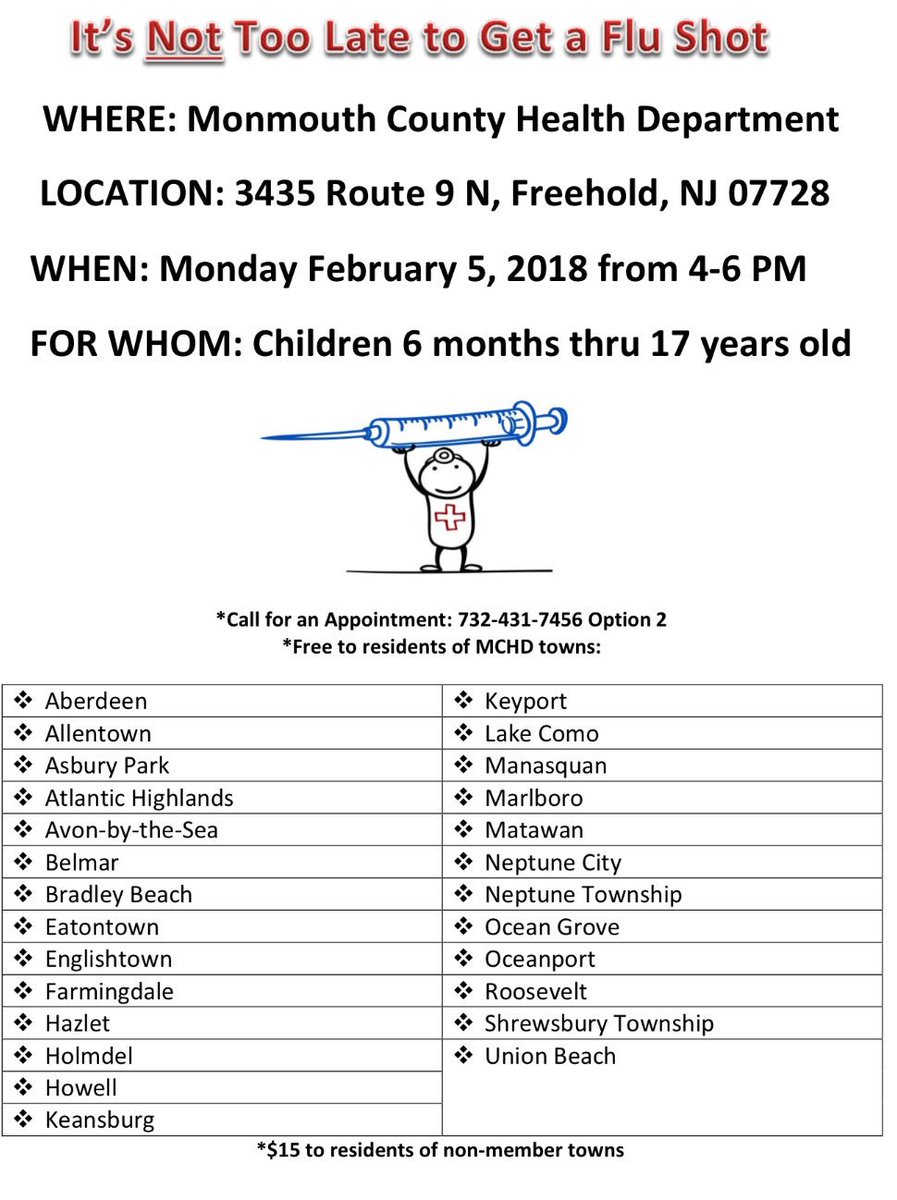 Flu clinics are still available! <a href="/middletownnj/">Middletown, NJ</a> residents are $15 per shot. #HAedu #MTPSpride