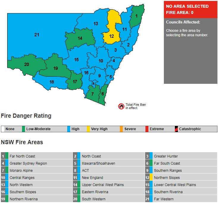 NSWRFS's tweet photo. Areas of High &amp; Very High fire danger ratings across #NSW today as 68 bush and grass fires continue to burn, 14 still uncontained. A cooler change is expected to move through the state tomorrow bringing cooler temperatures and some rainfall #nswrfs https://t.co/7NHfU7frir