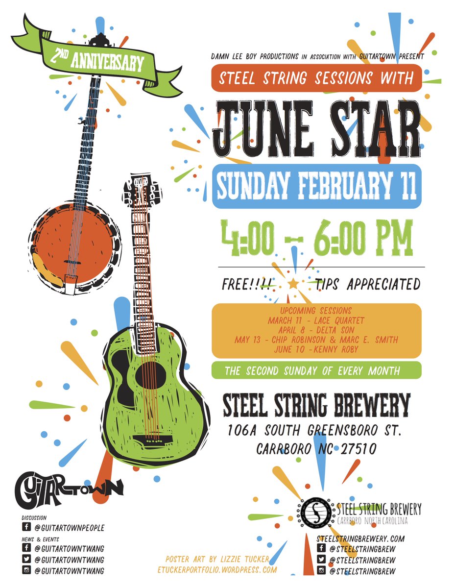 GuitartownTwang's tweet photo. Celebrate the 2nd anniversary of #SteelStringSessions SUN FEB 11 at @SteelStringBrew in @CarrboroTownGov with @junestarband, the band that kicked it off in 2016. Andrew Grimm from June Star will be on @WHUPfm THUR at 9pm. Tune to 104.7FM or listen online https://t.co/UXhn1PTv0A. https://t.co/SfHRumwQ3H