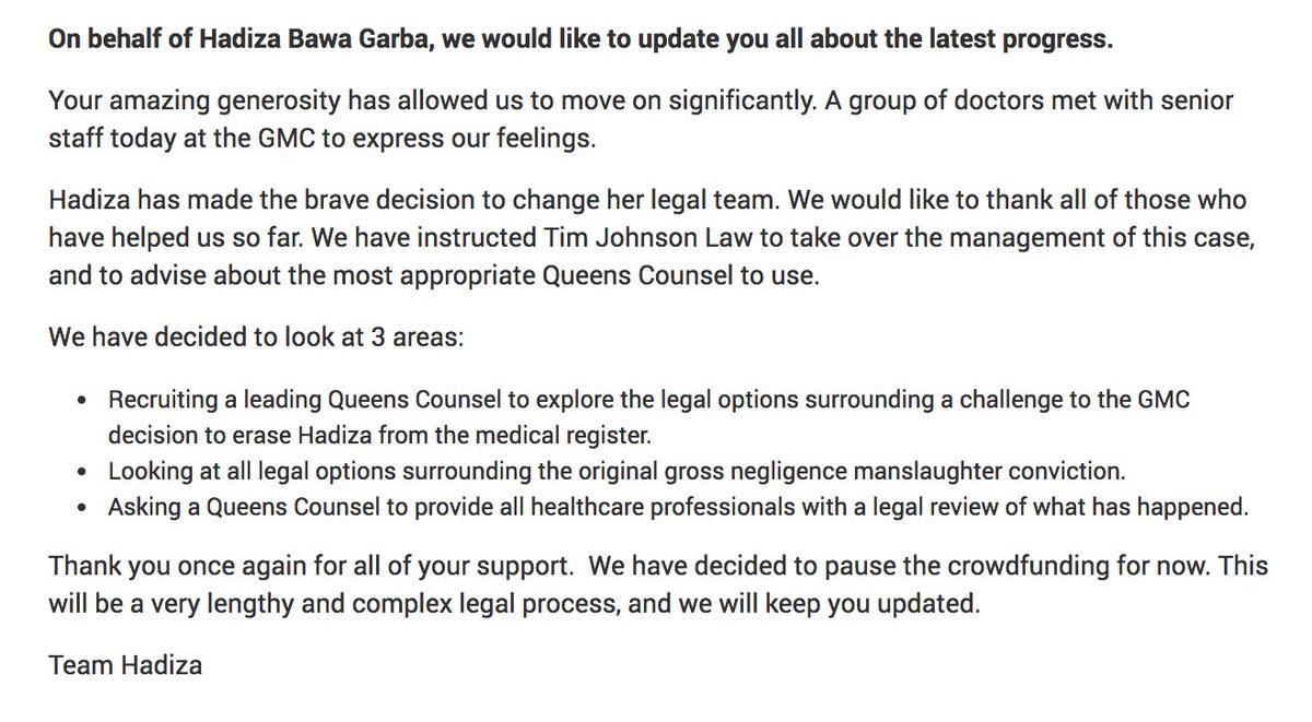CrowdJustice's tweet image. An update from Team Hadiza "Thank you once again for all of your support.  We have decided to pause the crowdfunding for now. This will be a very lengthy and complex legal process, and we will keep you updated." #iamhadiza