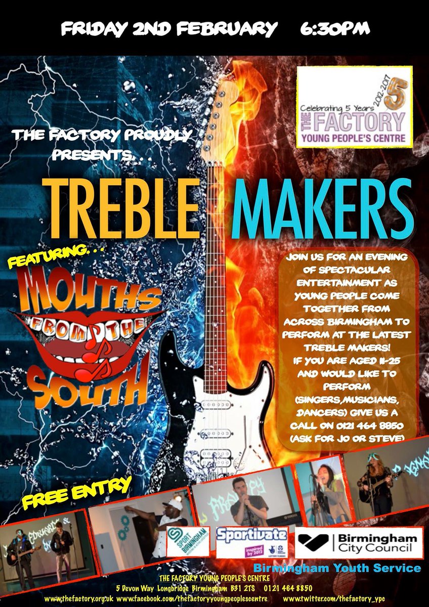 Countdown begins for Treble Makers this Friday <a href="/thefactory_YPC/">The Factory YPC</a> .  Young people’s talent on show.  Come and have a look <a href="/chrisjordan1974/">Chris Jordan</a> @Bret4Northfield  @CLLRAndyC <a href="/BrumYouthChamp/">BrumYouthChampion</a>