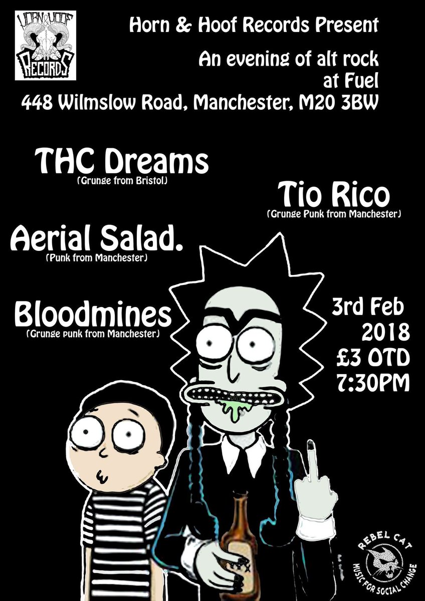Come see us &amp; some awesome bands on Saturday, a night of #Punk, #Grunge &amp; #Rock at <a href="/fuelcafebar/">Fuel Cafe Bar</a> in #withington.
Music from <a href="/THCDreamsBand/">THC Dreams</a> - Bristol #Grungy rock, @aerial_salad - #Manchester Pun, <a href="/Bloodminesuk/">BLOODMINES</a> - Manchester Grunge Punk) and <a href="/Tioricoband/">Tío Rico</a> - Grunge Punk Manchester