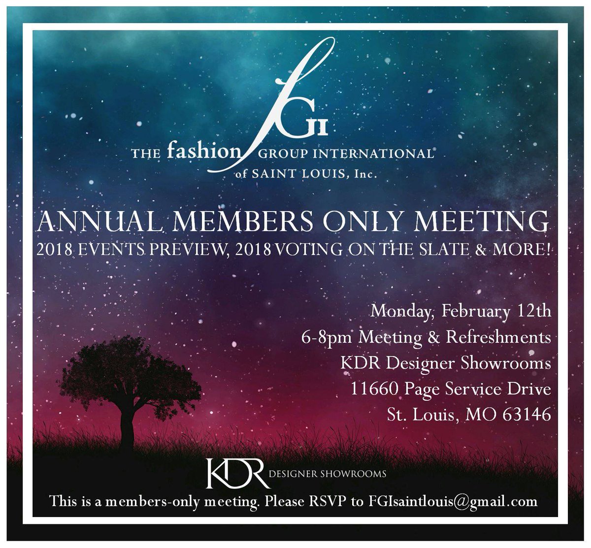 FGI Saint Louis Members-Don't forget to RSVP! Join us for complimentary sips and snacks while we vote on the 2018 slate, plan for 2018 and more! We're also excited to check out the fabulous KDR Designer Showrooms #fgi #stlfashion #stlevents #businessoffashion