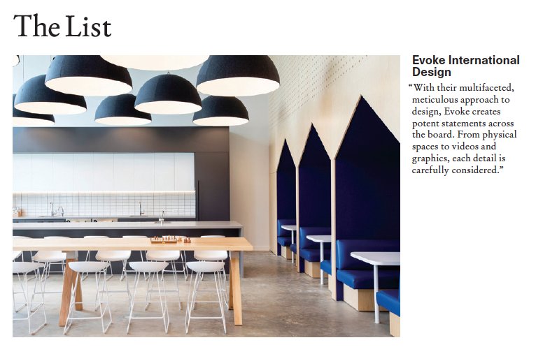 evokeid's tweet photo. | Thanks so much @SurfaceMag for the inclusion of Evoke in your #TheLIST section of your Jan/Feb issue!The featured thumbnail is of our @dhxmedia project &amp; while you can only view the article in print, you can still check out our LIST profile:https://t.co/hfatL09v7t #DesignSavvy https://t.co/UXqrbcxHer
