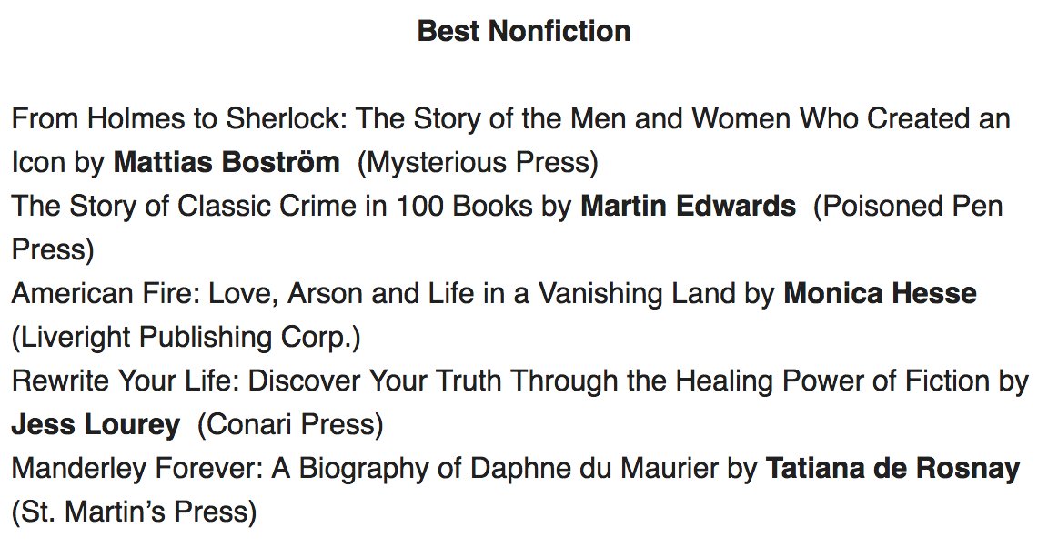 GValjan's tweet photo. #Congrats #Agatha2017 Noms for Best #nonfiction @MysteriousPress @PPPress @MonicaHesse @LiverightPub @jesslourey @WeiserBooks @tatianaderosnay @StMartinsPress @Malice_Domestic @SINCnational #Sherlock https://t.co/3tBJHvOEvk