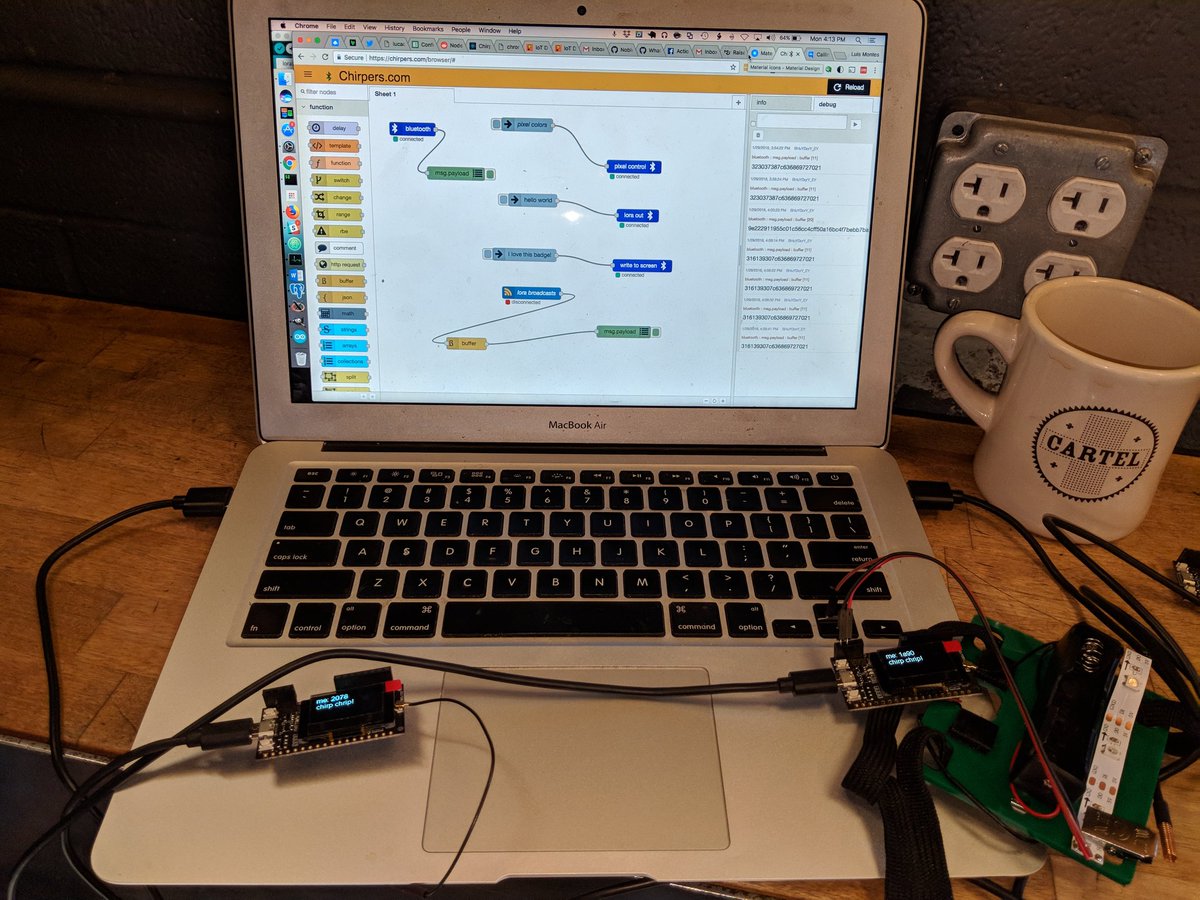 monteslu's tweet photo. LoRa broadcast &amp; receive, relayed through web Bluetooth!
And displaying messages in the @chirpersio Progressive Web App without the need for WiFi https://t.co/h5NAmluLmF