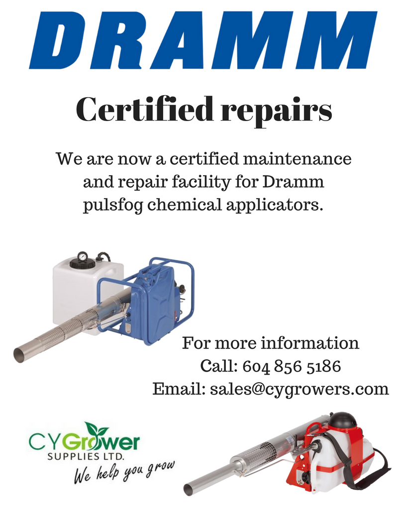 CYGrowers's tweet photo. UPDATE: We are now a certified repair centre for Dramm PulsFog Chemical Applicators. Get in touch for details! 604 856 5186 or sales@cygrowers.com #cygrowers #dramm #foggers #repairs https://t.co/5ErX2c4J1E