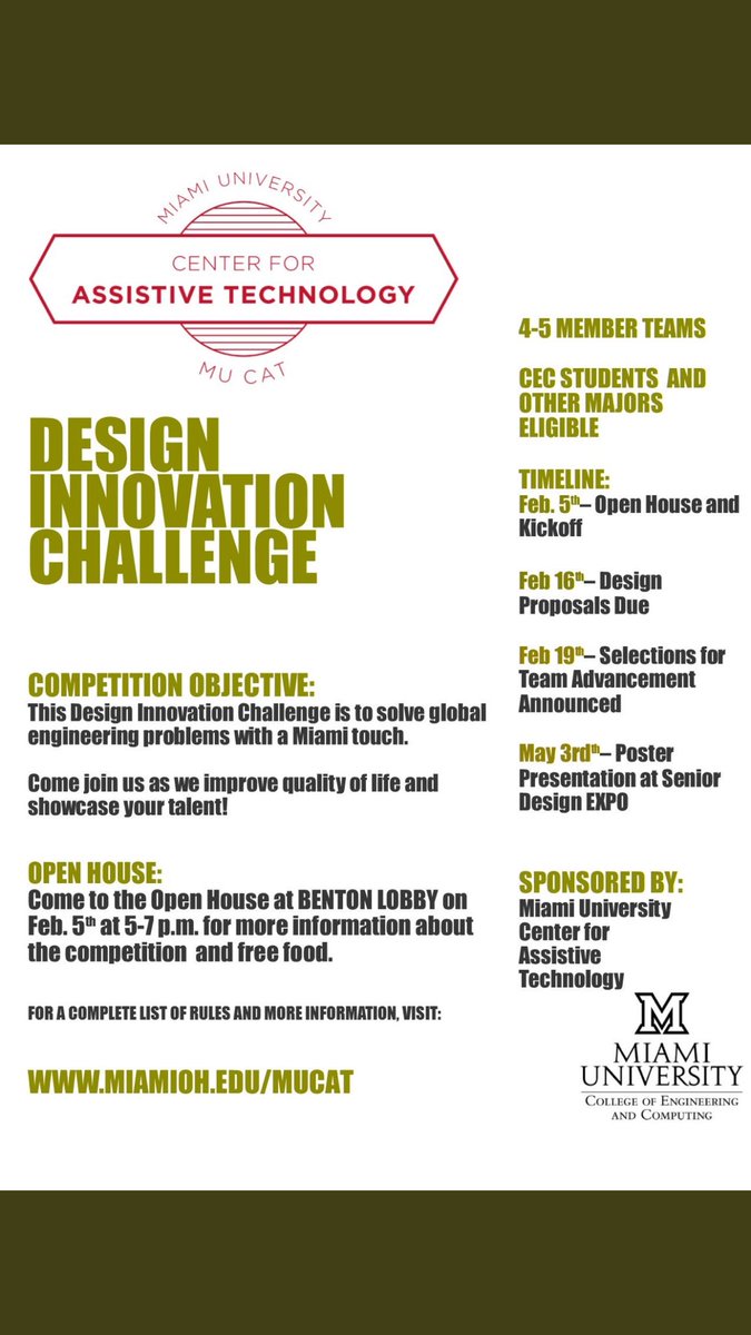 Our Second Annual Design Innovation Challenge starts Feb 5th <a href="/miamiuniversity/">Miami University</a> #MUCAT. Join us!