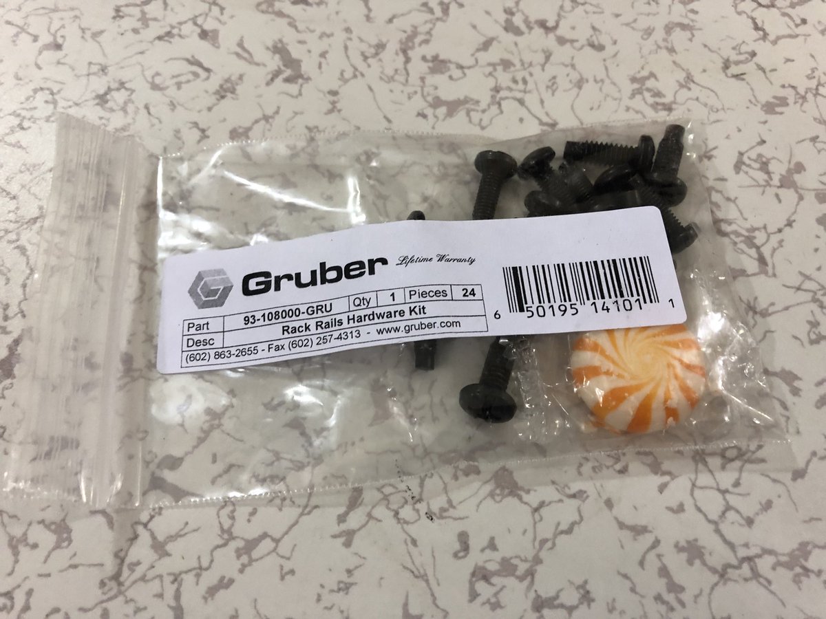 I smile every time I open a hardware kit from <a href="/GruberCompanies/">Gruber Companies</a>.  Who doesn’t like candy while racking equipment??