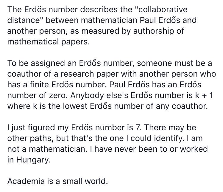DrManisitDas's tweet photo. I am not a mathematician. My Erdos number is 7. Academia is a small world. #scicomm #mathchat #erdosnumber #phdchat #academia @TheChattySci @UmberErdosn https://t.co/XChprhmB6A