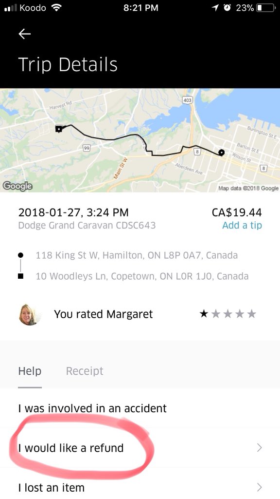 bpark_'s tweet photo. @Uber_Support @Uber your customer service sucks. What’s the point of these selections in your app when you refuse to give a refund. https://t.co/awnvDXo919