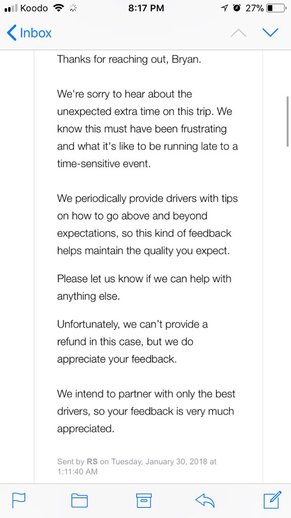 bpark_'s tweet photo. @Uber_Support @Uber your customer service sucks. What’s the point of these selections in your app when you refuse to give a refund. https://t.co/awnvDXo919