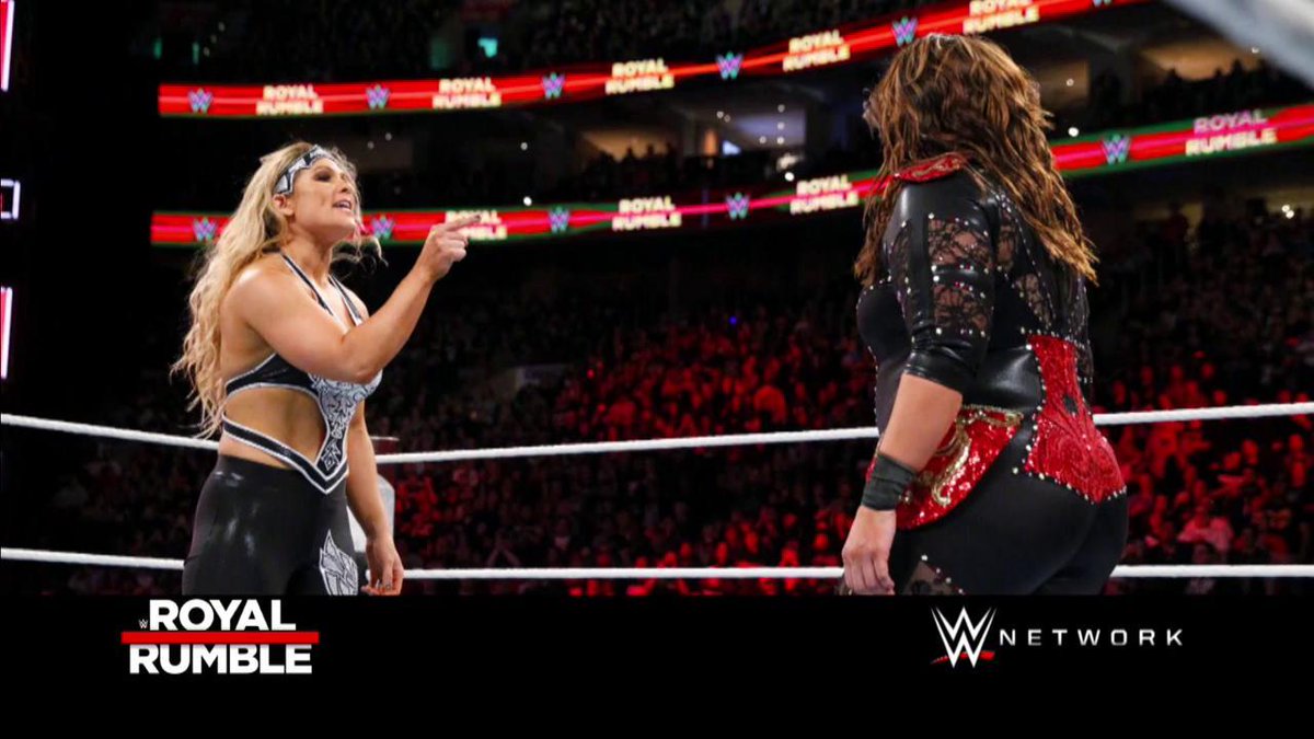 WWE's tweet image. What. A. STANDOFF!

#RAW #RoyalRumble @NiaJaxWWE @TheBethPhoenix