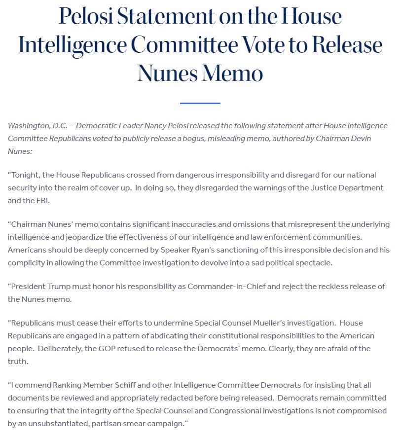 Democratic Leader Nancy Pelosi released the following statement after House Intelligence Committee Republicans voted to publicly release a bogus, misleading memo, authored by Chairman Devin Nunes.