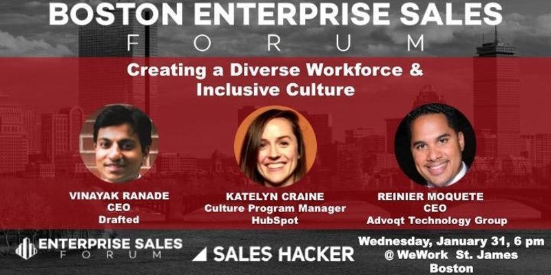 BostonTweetUp's tweet photo. WEDNESDAY: 6PM Creating a Diverse Workforce & Inclusive Culture #BOSSales hosted by @WeWorkBOS @marksbirch @Enterprise_Sale https://t.co/QRXckb1qF4 @draftedapp @hubspot @ReinierMoquete @Advoqt @megkopka @pseudovirtual #Boston #Diversity https://t.co/7fwuc38MvA
