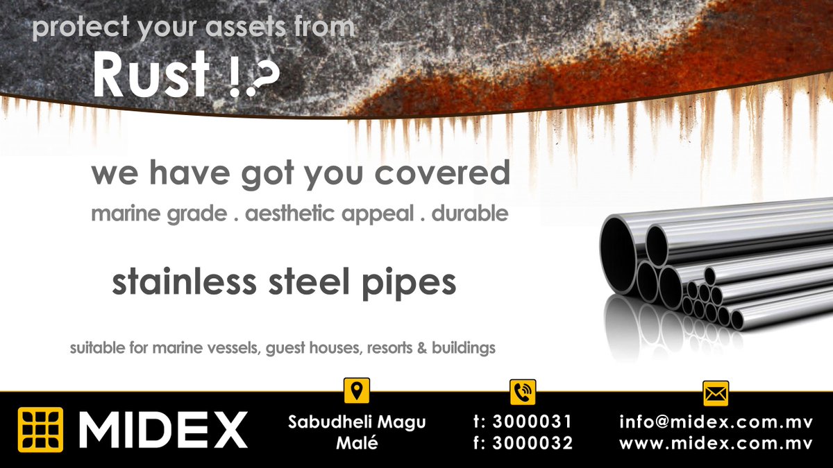 Marine grade, rust resistant Stainless Steel Pipes.

For current prices and available sizes, please visit: midex.com.mv/marine-grade-s…