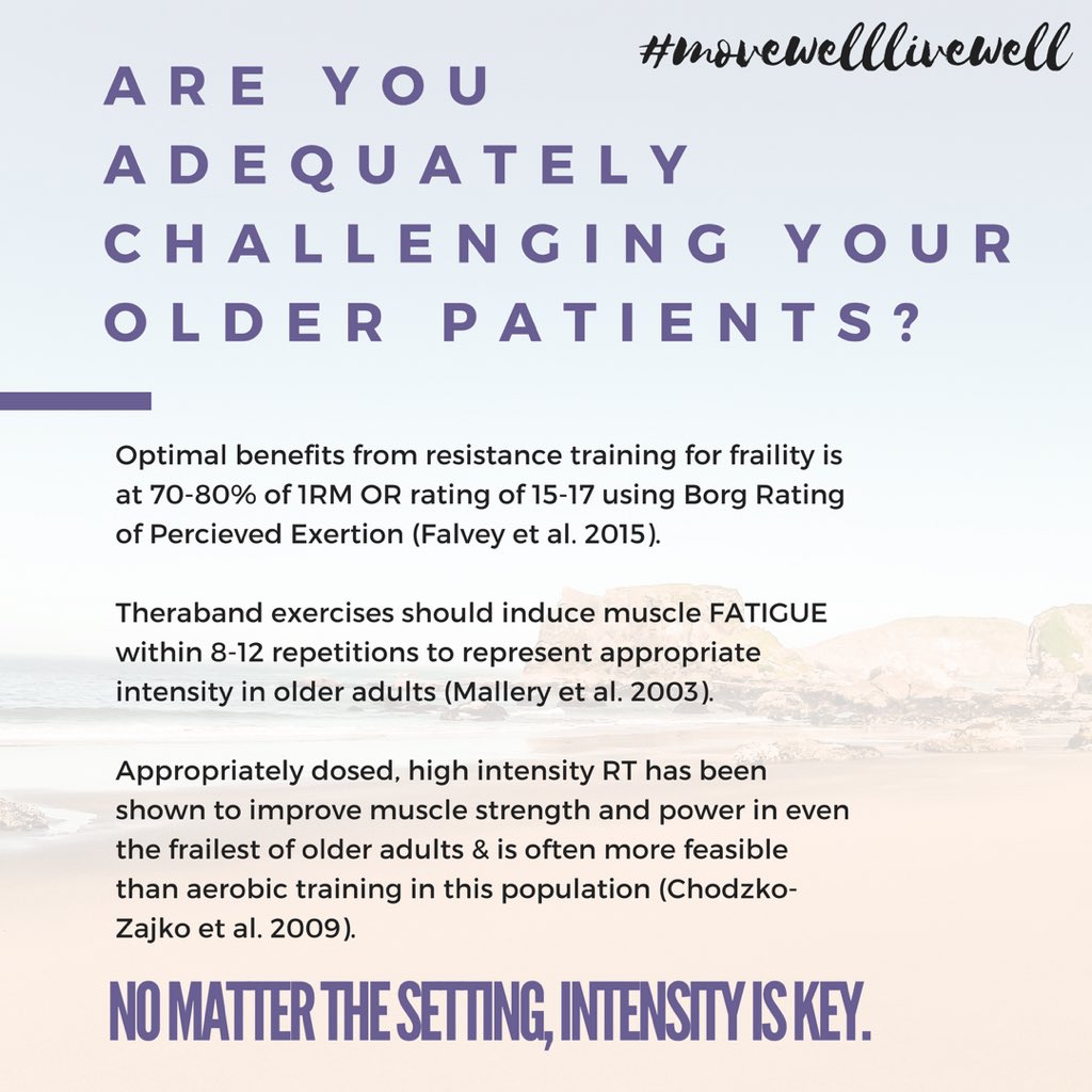 All too often low intensity exercise continues to be used in clinical settings with our older patients even though there’s resounding evidence surrounding use of higher intensities. Let’s set our pts up for success! Here are a few quick guidelines #oldnotweak #geriPT